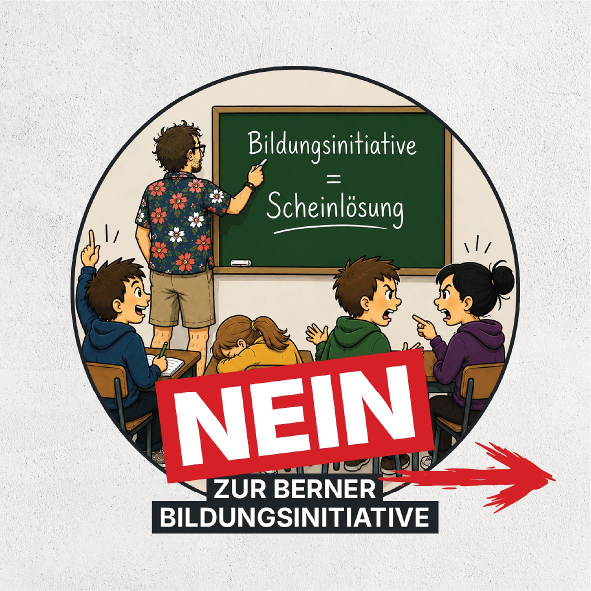 Bildungsinitiative = Scheinlösung, dargestellt als Schulzimmer-Illustration mit NEIN-Stempel